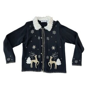 Vtg Y2K Victoria Jones Christmas Winter Sweater Black Gold Deer Snowflakes  Sz M
